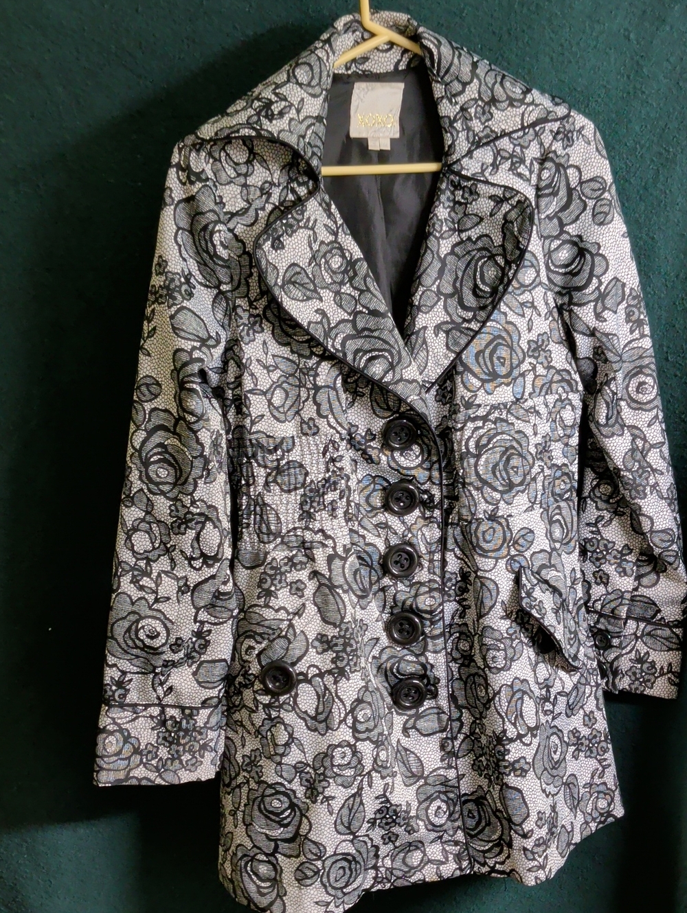 XOXO Black & White Floral Jacquard Peacoat